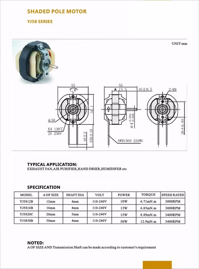Moteur électrique à pôle ombragé AC 5810 5812 5816 5820 pour salle de bain, ventilateur d'échappement de four, ventilateur d'air chaud, machine d'aromathérapie hydratante, fenêtre chaude